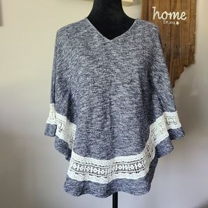 Altar'd State Poncho Navy White Crochet Trim V Neck Pullover Boho Womens XS